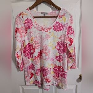 Habitat Clothes To Live In Womens Top Cotton Pink White Floral 3/4 Sleeve